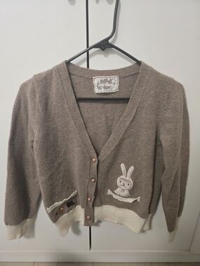 Vintage Brown Rabbit Appliqué V-Neck Cardigan Sweater